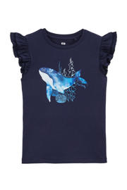 thumbnail: Donkerblauwe meisjes WE Fashion mouwloze top van stretchkatoen met ronde hals en pailletten