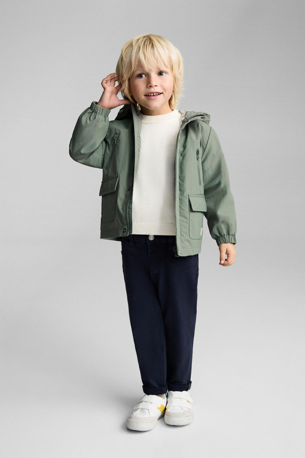 Groene meisjes Mango Kids jack van polyamide met effen, lange mouwen, capuchon en ritssluiting