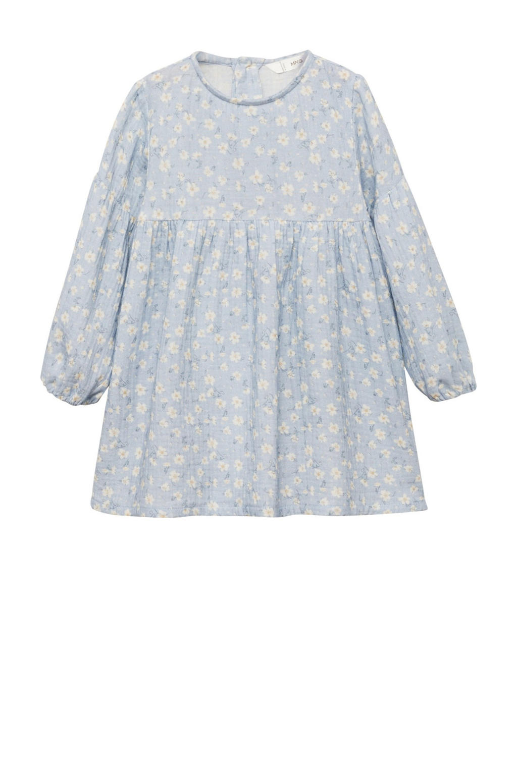Lichtblauwe meisjes Mango Kids A-lijn jurk van katoen met bloemenprint, lange mouwen, ronde hals en knoopsluiting