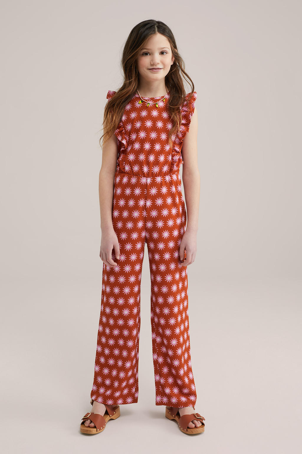 Rood, roze en witte meisjes WE Fashion jumpsuit van polyester met ronde hals, knoopsluiting en ruches