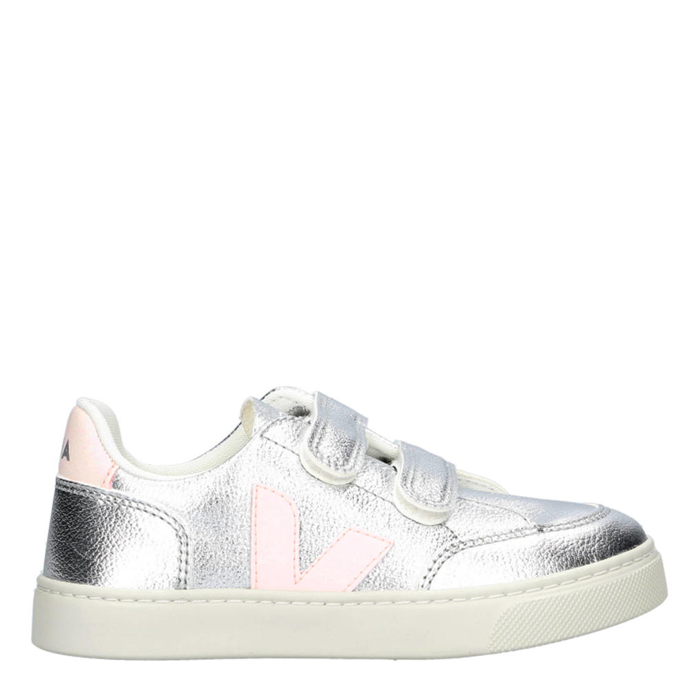Zilverkleurige meisjes Veja SMALL V-12 leren sneakers van leer t met klittenband