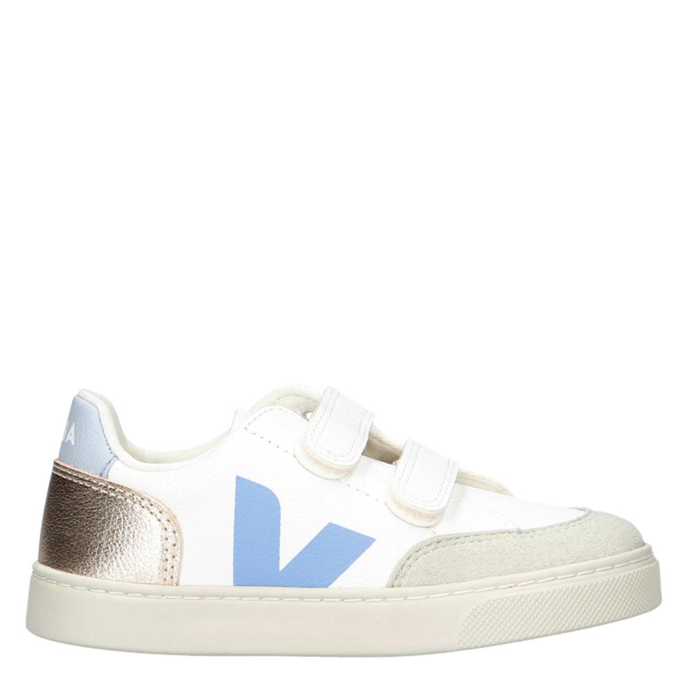 Wit, lichtblauw en gouden meisjes Veja SMALL V-12 leren sneakers van leer t met klittenband