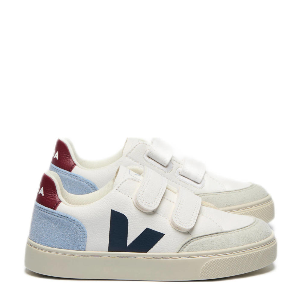 Wit, blauw en rode jongens Veja SMALL V-12 leren sneakers met klittenband
