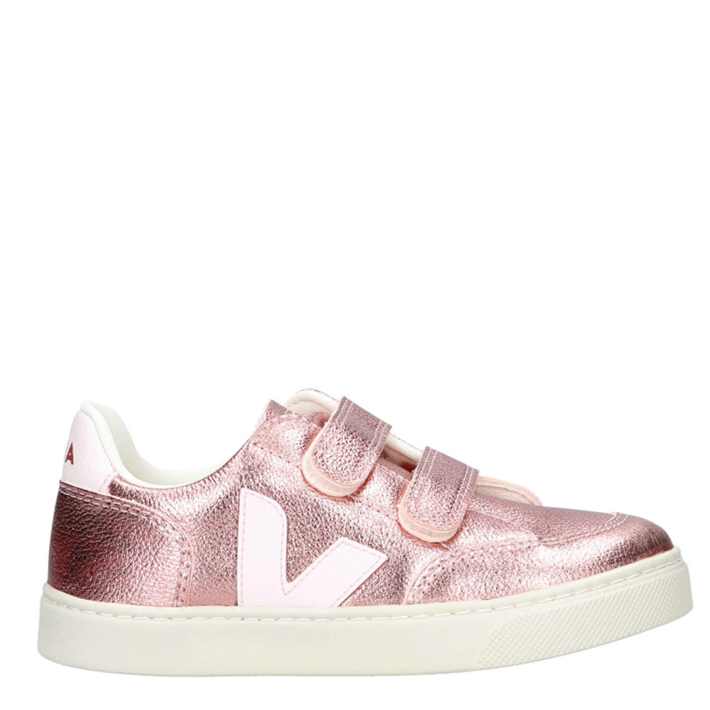 Roze en metallickleurige meisjes Veja SMALL V-12 leren sneakers van leer t met klittenband