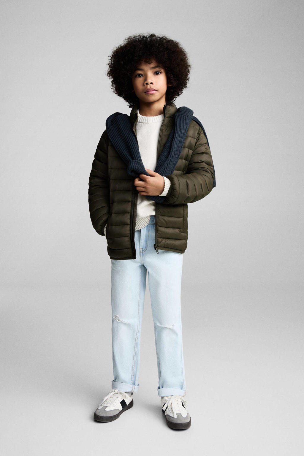 Kakikleurige jongens Mango Kids gewatteerde jas van polyester met effen, lange mouwen, opstaande kraag en ritssluiting