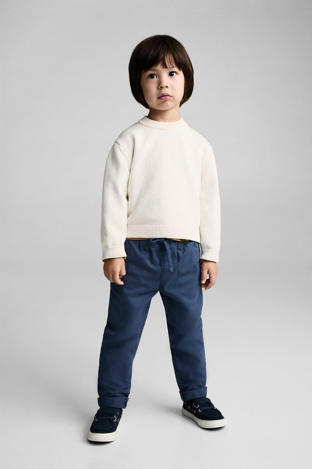 Beige jongens Mango Kids trui gebreid van katoen met effen, lange mouwen, ronde hals en knoopsluiting