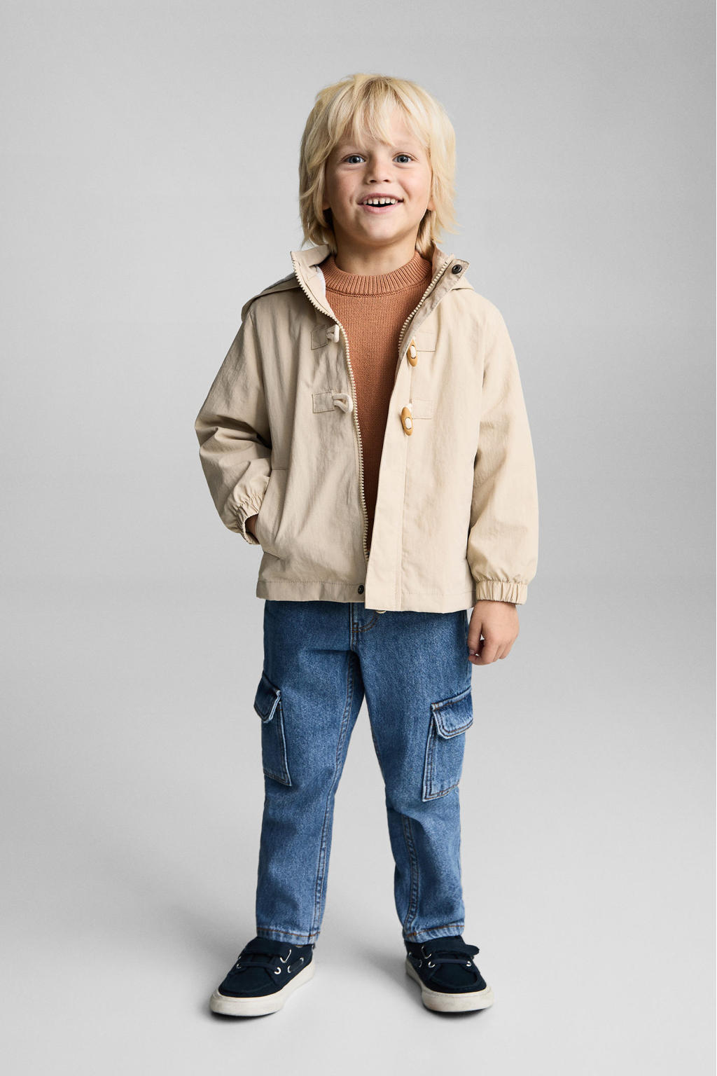 Oranje jongens Mango Kids trui gebreid van katoen met effen, lange mouwen, ronde hals en knoopsluiting
