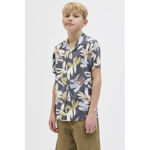 JACK & JONES JUNIOR overhemd grijs Jongens Viscose Klassieke kraag Blad
