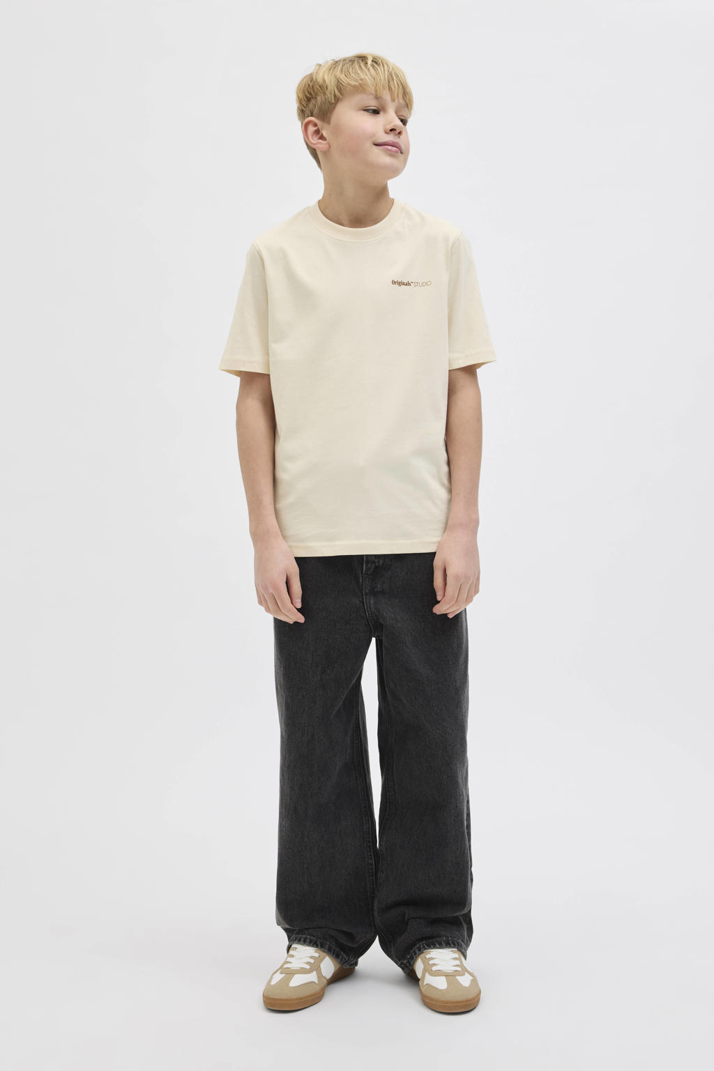 Ecru jongens JACK & JONES JUNIOR T-shirt van katoen met backprint, korte mouwen en ronde hals