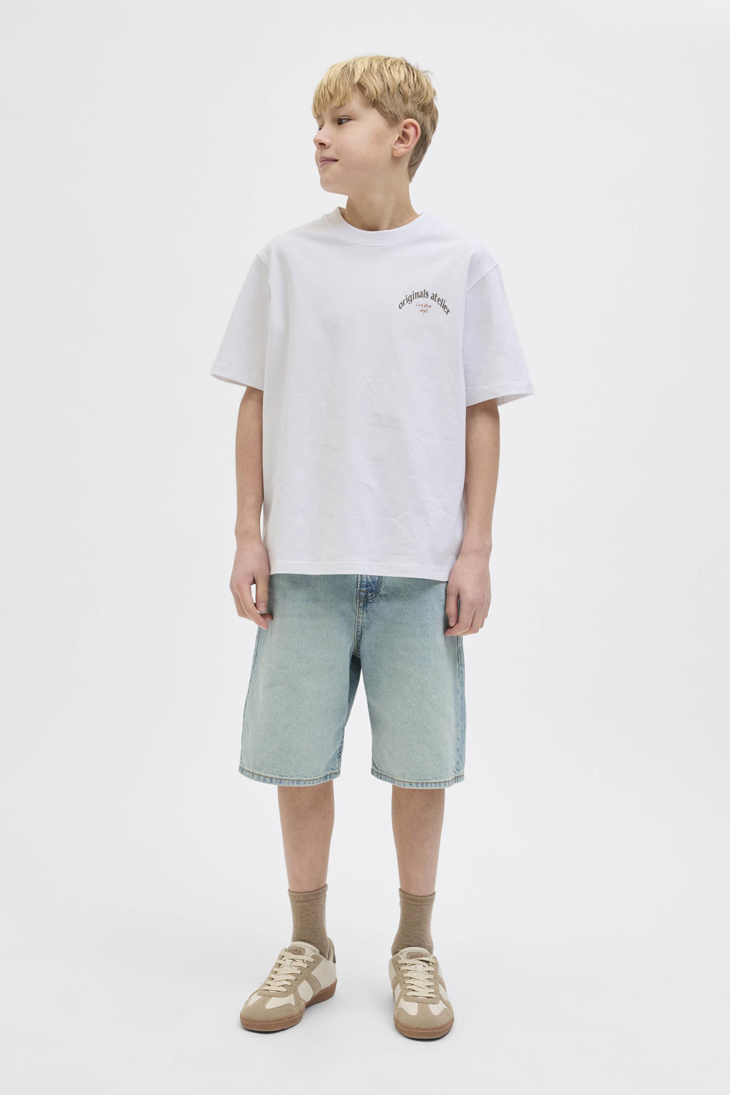 Witte jongens JACK & JONES JUNIOR T-shirt van katoen met backprint, korte mouwen en ronde hals