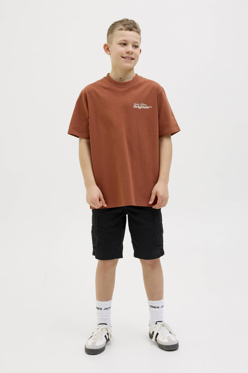 Bruine jongens JACK & JONES JUNIOR T-shirt van katoen met backprint, korte mouwen en ronde hals