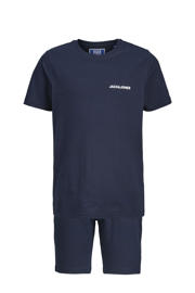 thumbnail: Donkerblauwe jongens JACK & JONES JUNIOR T-shirt broek van katoen met effen, korte mouwen, ronde hals en elastische tailleband