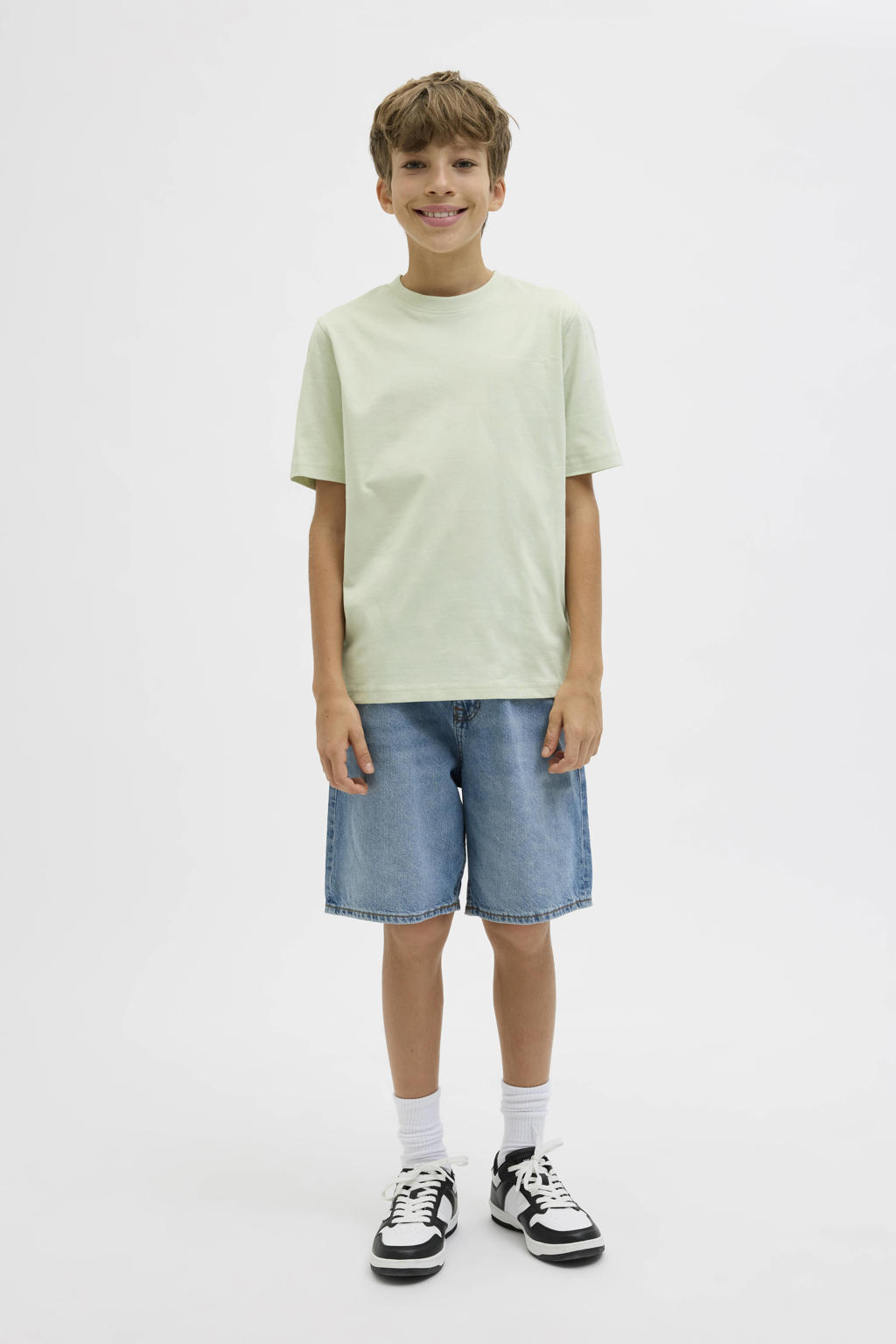 Lichtgroene jongens JACK & JONES JUNIOR T-shirt van katoen met backprint, korte mouwen en ronde hals