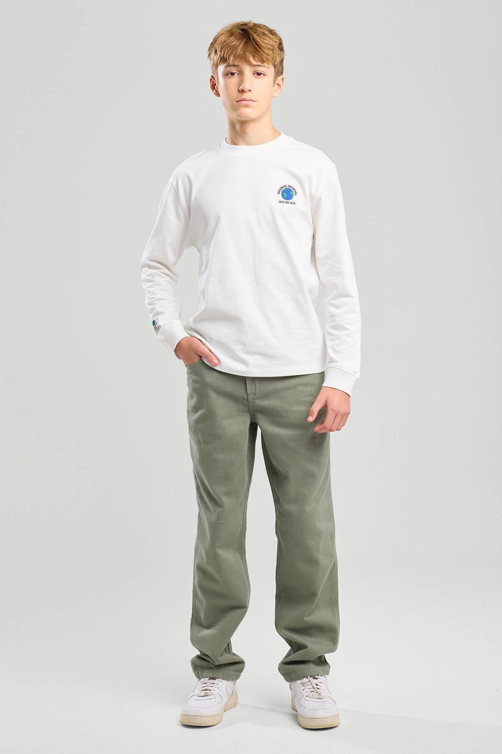 Beige jongens America Today casual broek van katoen met rits- en knoopsluiting en effen