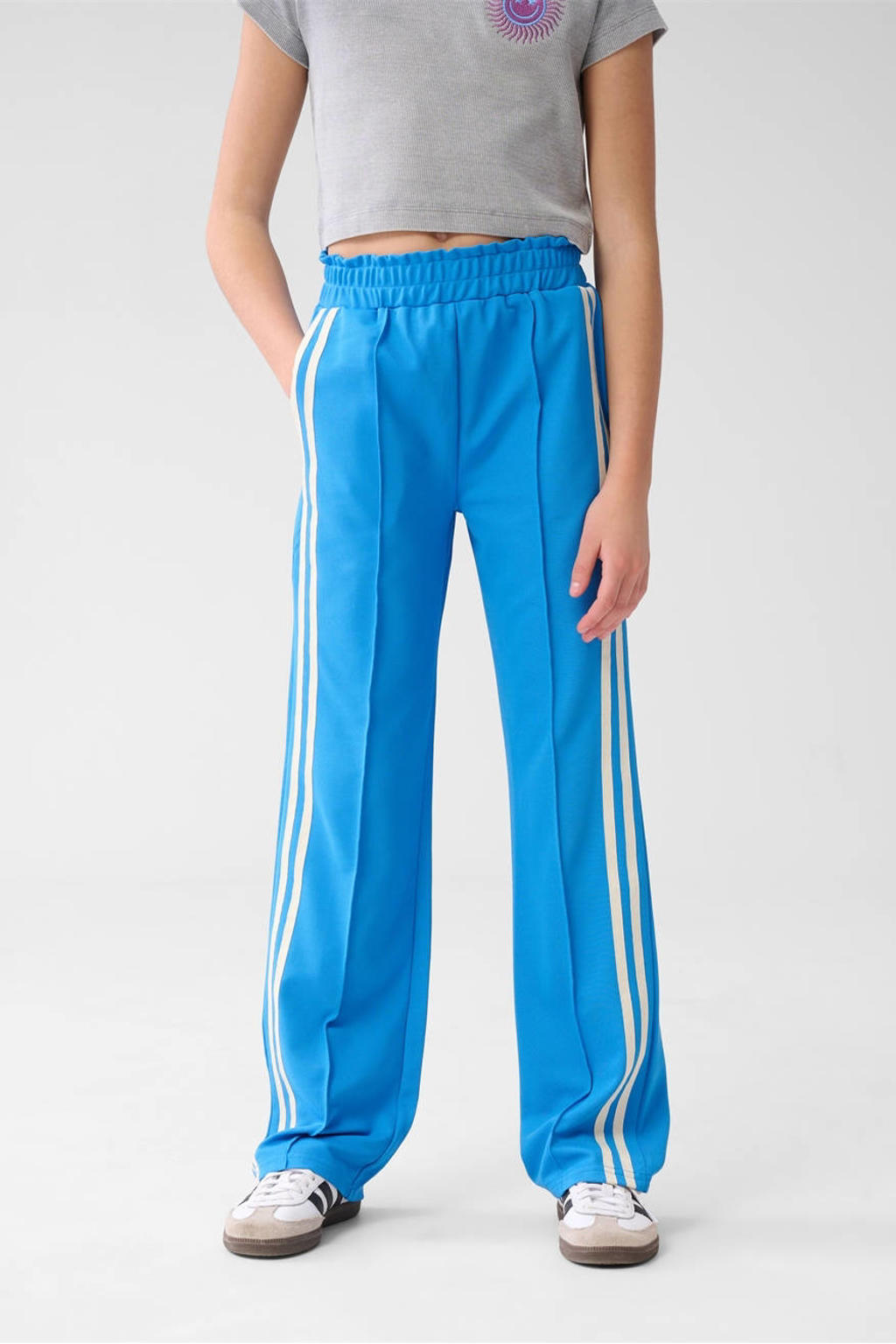Blauwe meisjes Shoeby straight casual broek van polyester met elastische tailleband en effen