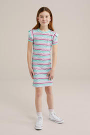thumbnail: Roze, blauw en turquoise meisjes WE Fashion bodycon jurk van stretchkatoen met strepenprint, korte mouwen en ronde hals