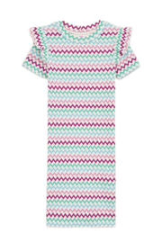 thumbnail: Roze, blauw en turquoise meisjes WE Fashion bodycon jurk van stretchkatoen met strepenprint, korte mouwen en ronde hals