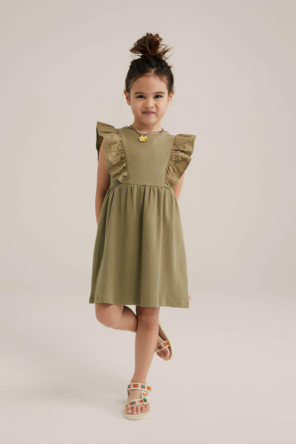 WE Fashion korte jurk rib gebreid kaki