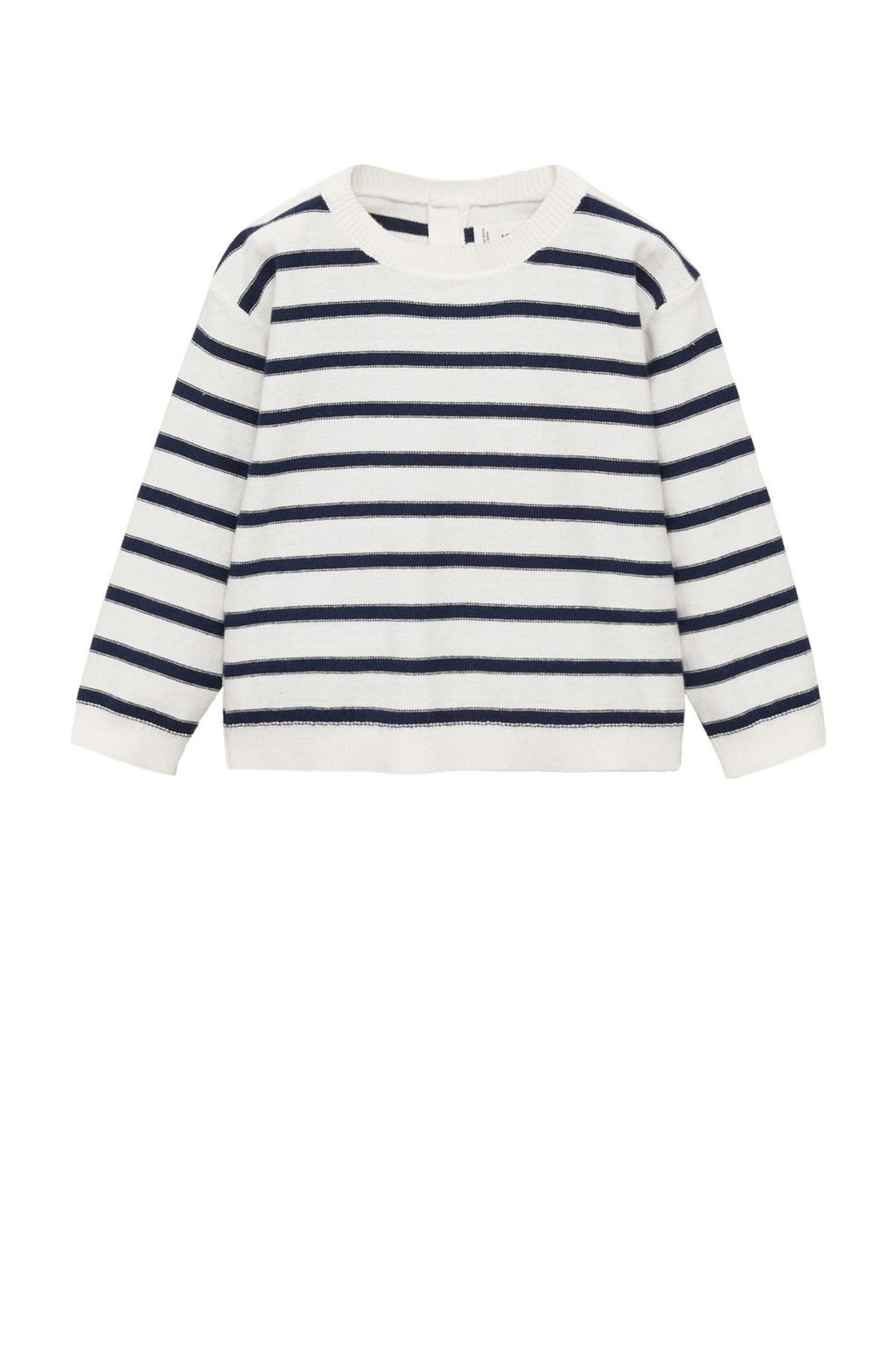 Donkerblauwe jongens Mango Kids trui fijn gebreid van katoen met strepenprint, lange mouwen, ronde hals en knoopsluiting