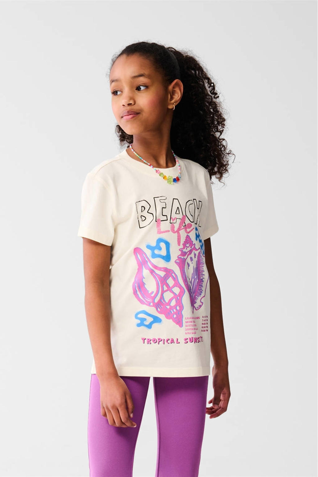 Ecru meisjes Shoeby T-shirt van katoen met grafische print, korte mouwen, ronde hals en glitters