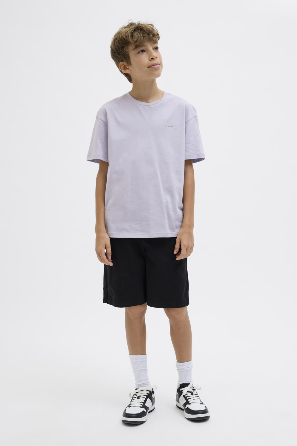 Paarse jongens JACK & JONES JUNIOR T-shirt van katoen met effen, korte mouwen, ronde hals en ritssluiting
