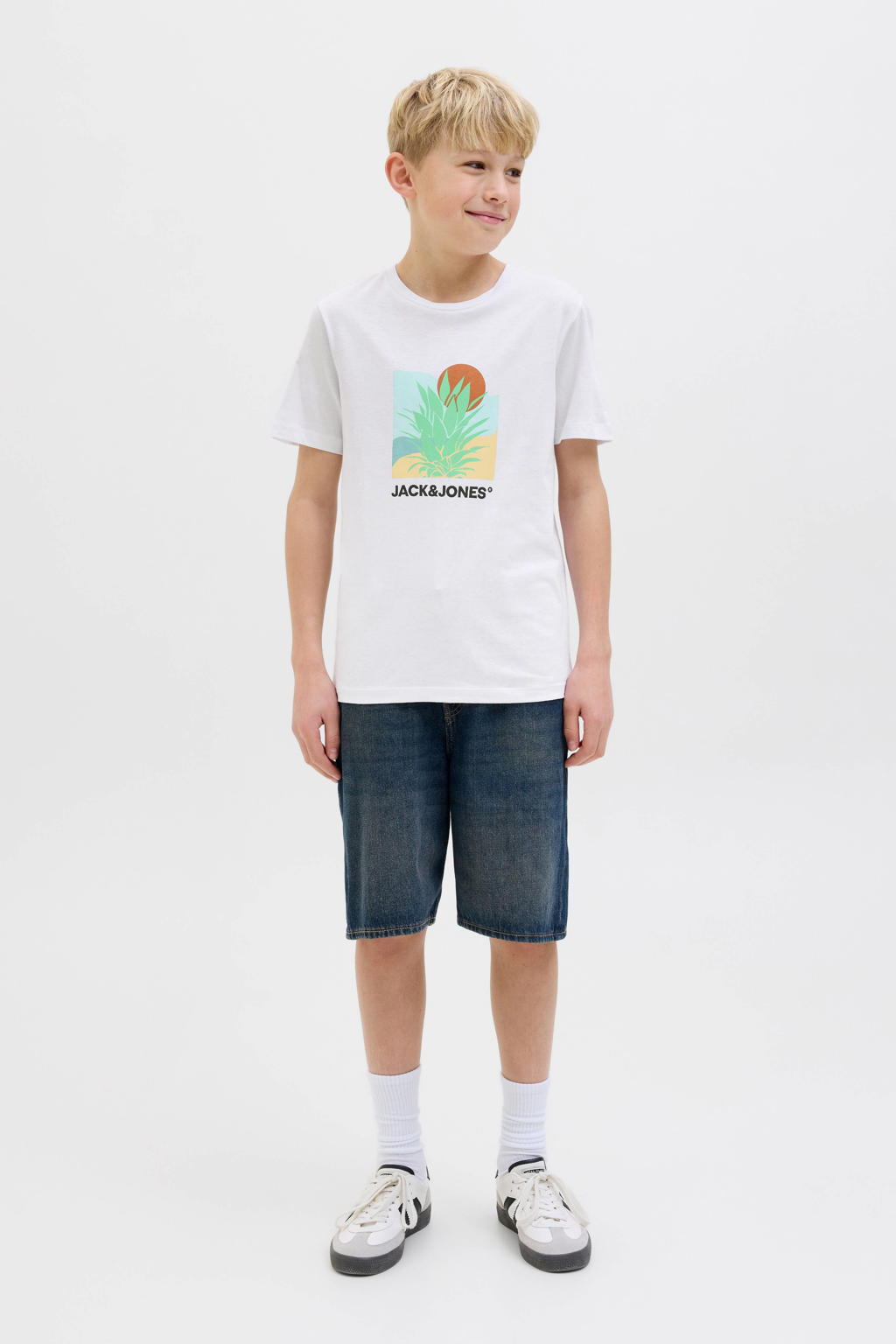 Witte jongens JACK & JONES JUNIOR T-shirt van katoen met effen, korte mouwen en ronde hals