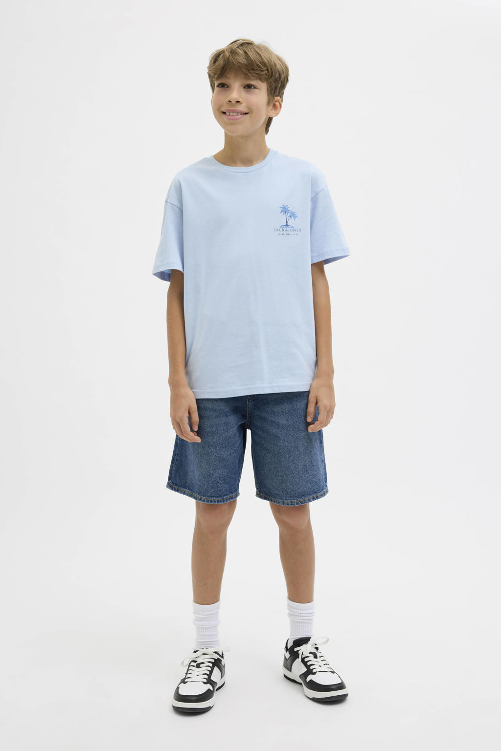 Blauwe jongens JACK & JONES JUNIOR T-shirt van katoen met effen, korte mouwen, ronde hals en ritssluiting