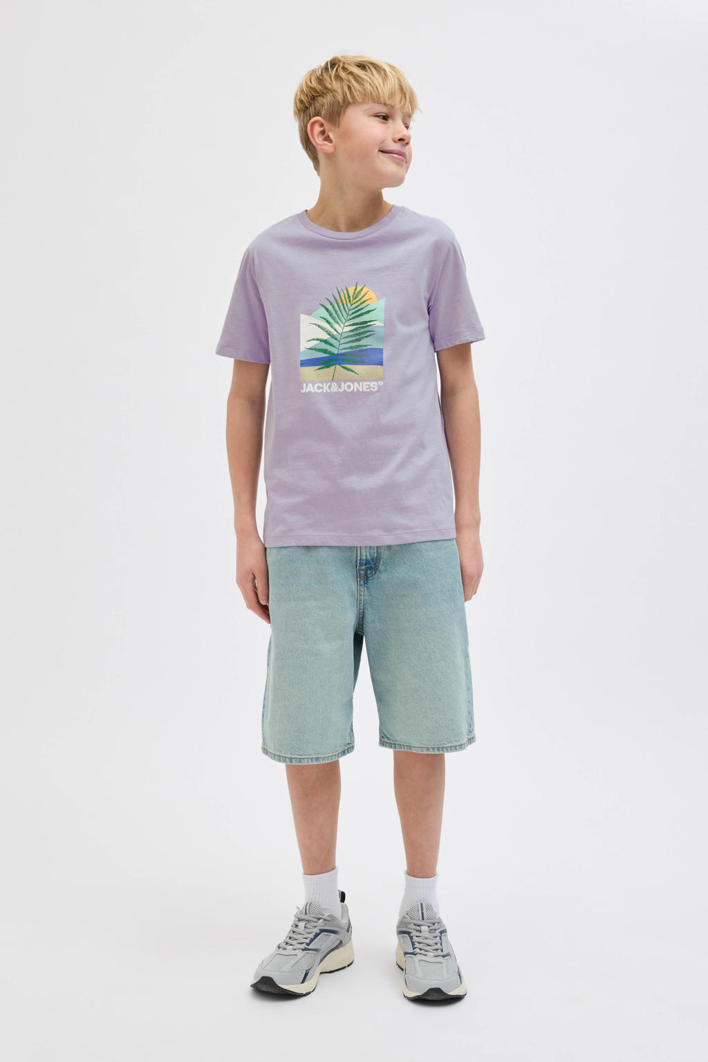 Paarse jongens JACK & JONES JUNIOR T-shirt van katoen met effen, korte mouwen en ronde hals