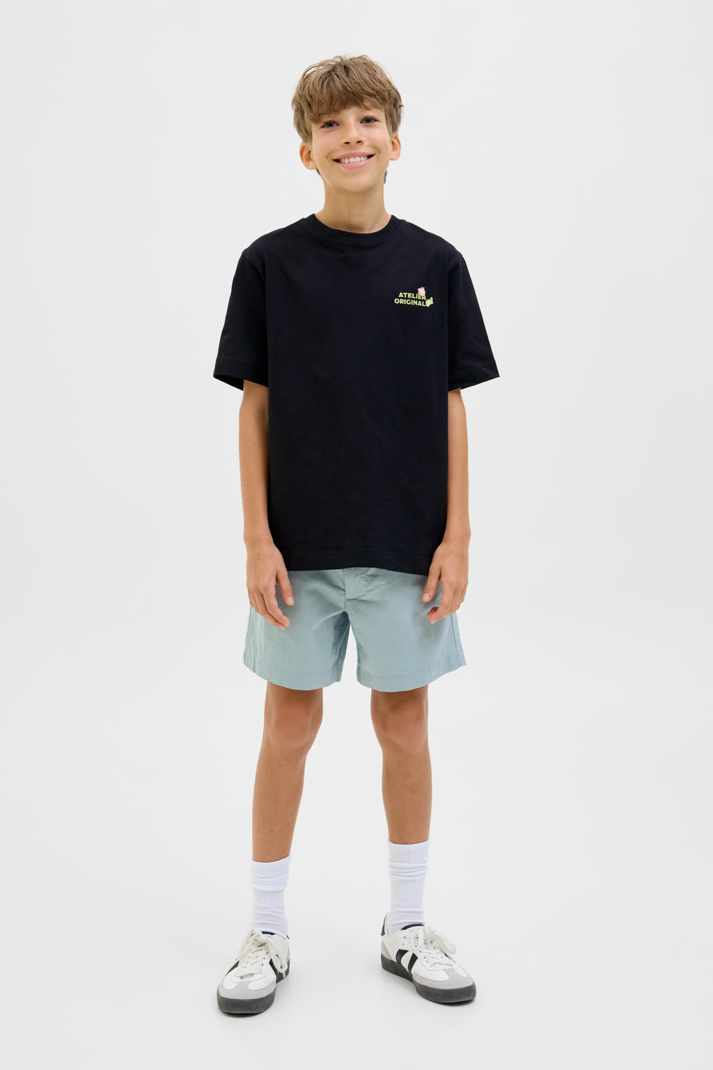 Grijze jongens JACK & JONES JUNIOR relaxed casual short van stretchkatoen met regular waist, rits- en knoopsluiting en effen