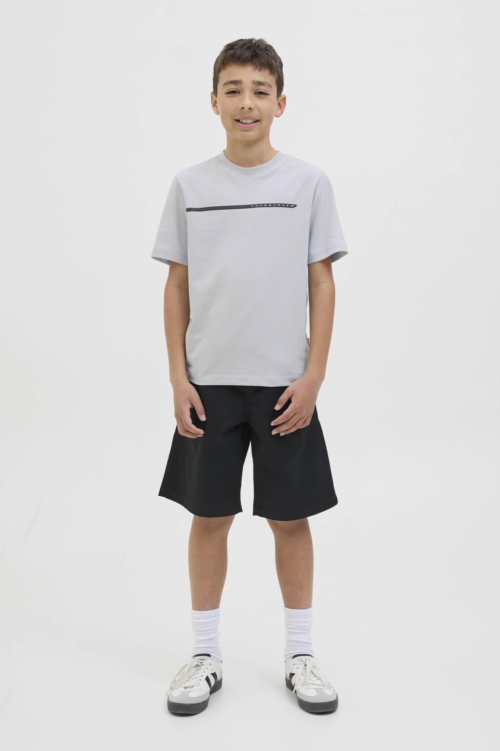 Grijze jongens JACK & JONES JUNIOR T-shirt van katoen met effen, korte mouwen en ronde hals