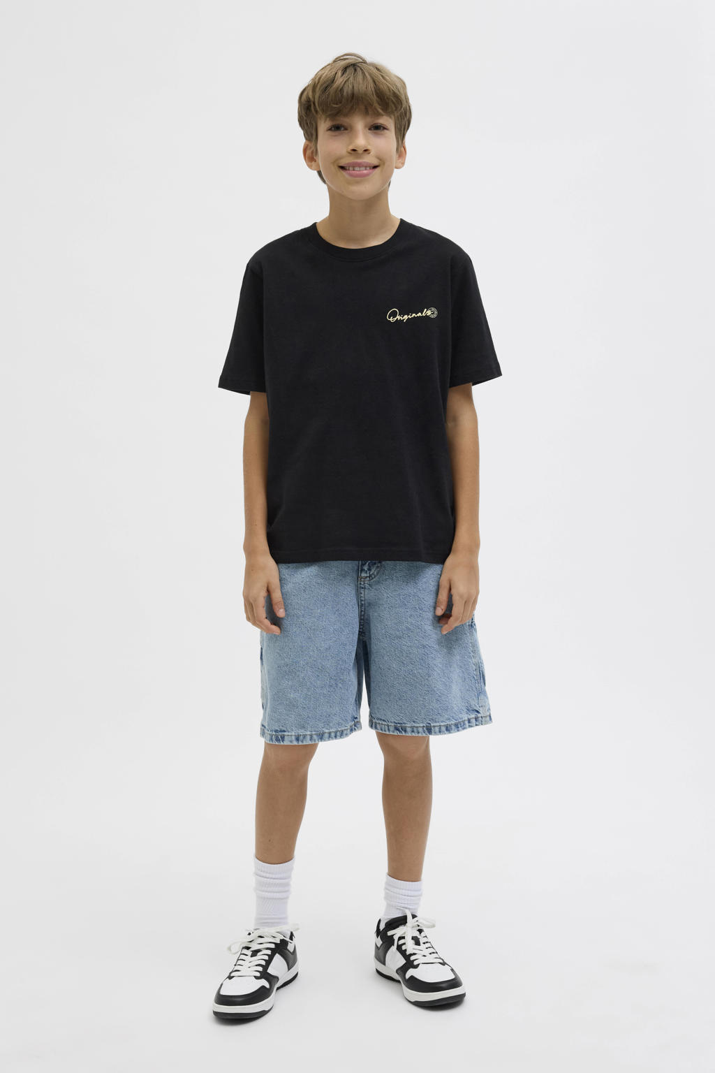 Zwarte jongens JACK & JONES JUNIOR T-shirt van katoen met backprint, korte mouwen en ronde hals
