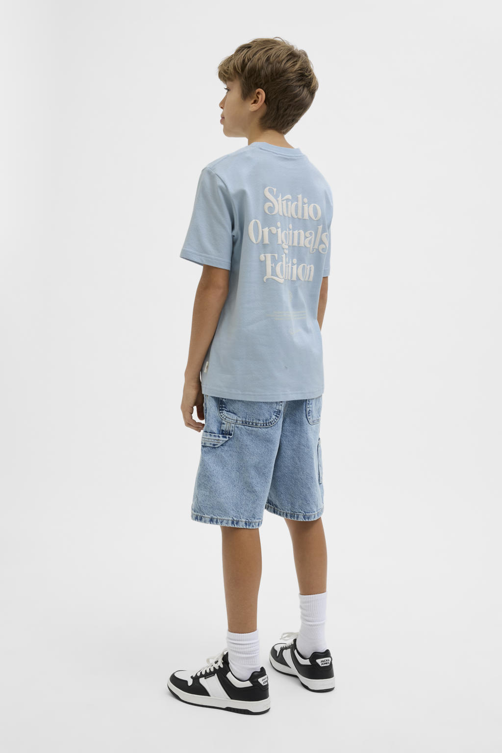 Lichtblauwe jongens JACK & JONES JUNIOR T-shirt van katoen met backprint, korte mouwen en ronde hals