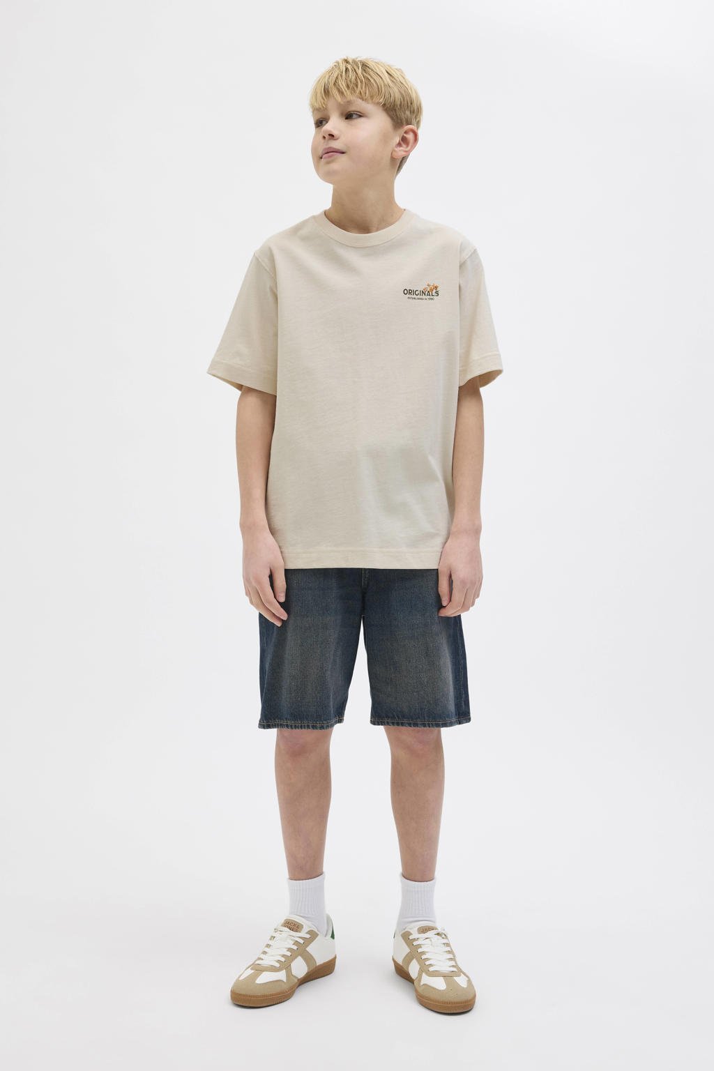 Ecru jongens JACK & JONES JUNIOR T-shirt van katoen met backprint, korte mouwen en ronde hals