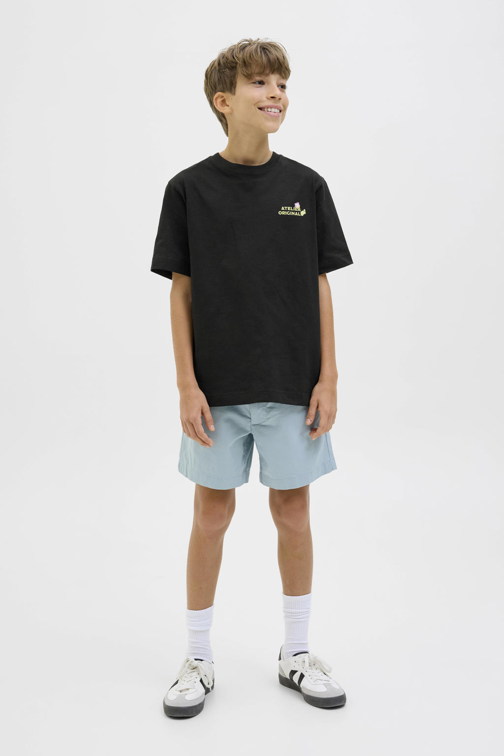 Zwarte jongens JACK & JONES JUNIOR T-shirt van katoen met backprint, korte mouwen en ronde hals