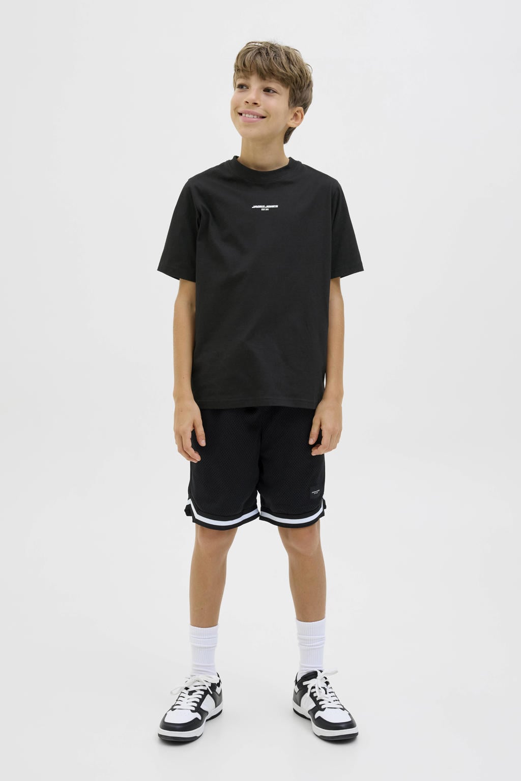 Zwarte jongens JACK & JONES JUNIOR T-shirt van katoen met backprint, korte mouwen en ronde hals