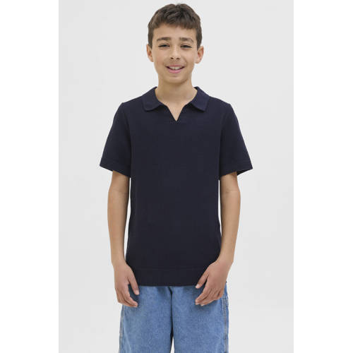 JACK & JONES JUNIOR polo donkerblauw fijn gebreid Jongens Katoen Polokraag