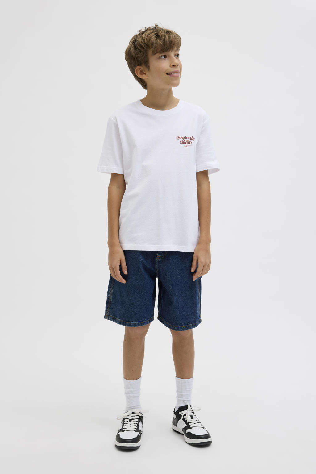 Witte jongens JACK & JONES JUNIOR T-shirt van katoen met backprint, korte mouwen en ronde hals