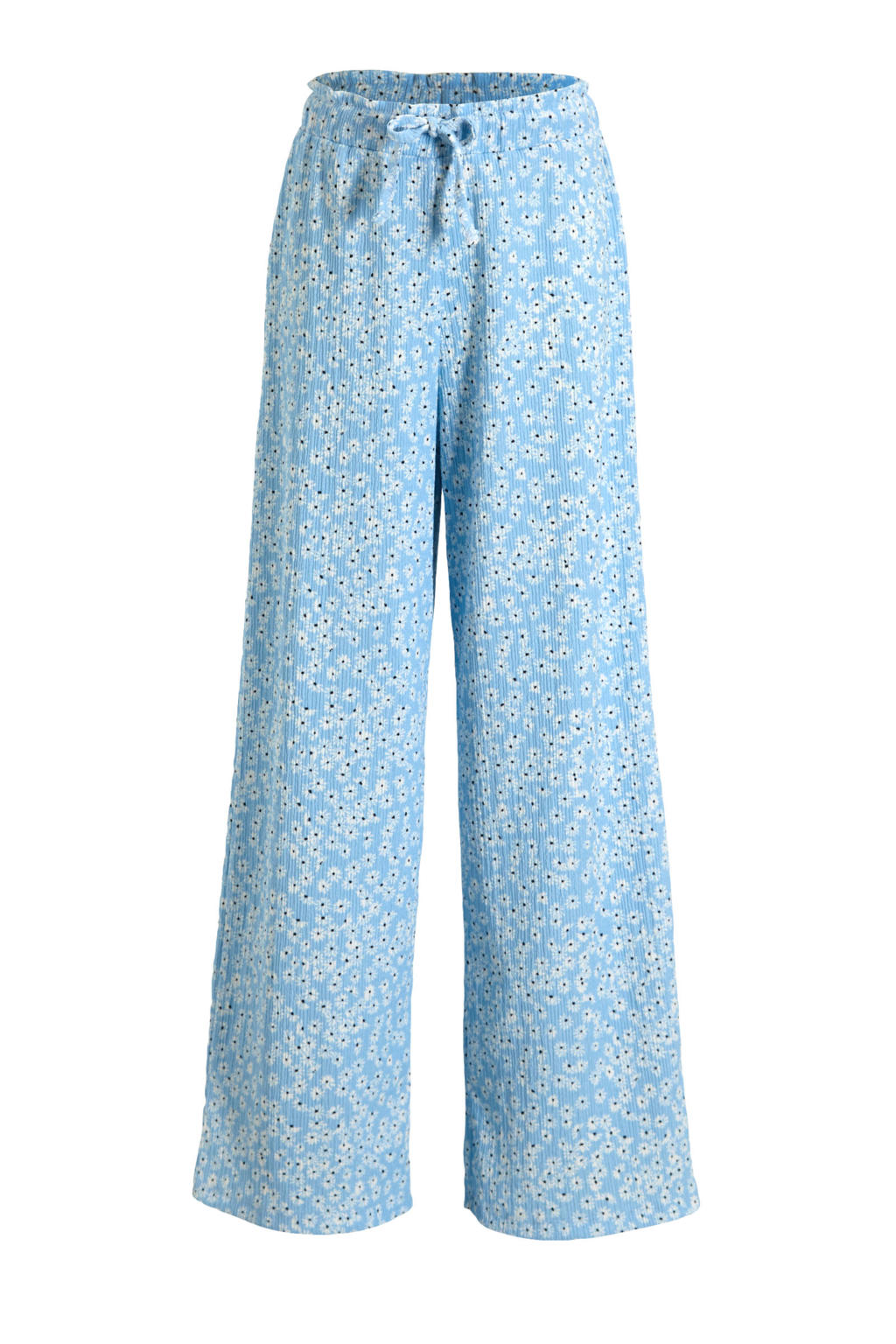 Lichtblauwe meisjes anytime wide leg crinkle broek van polyester met elastische tailleband met koord en bloemenprint