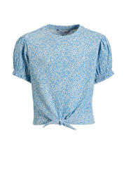 thumbnail: Lichtblauwe meisjes anytime crinkle top van polyester met bloemenprint, korte mouwen en ronde hals