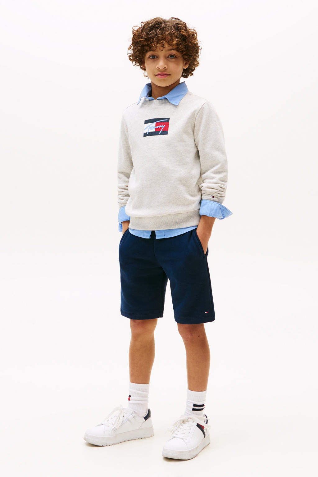 Grijs melange jongens Tommy Hilfiger sweater melange van katoen met logo dessin, lange mouwen, ronde hals en geribde boorden