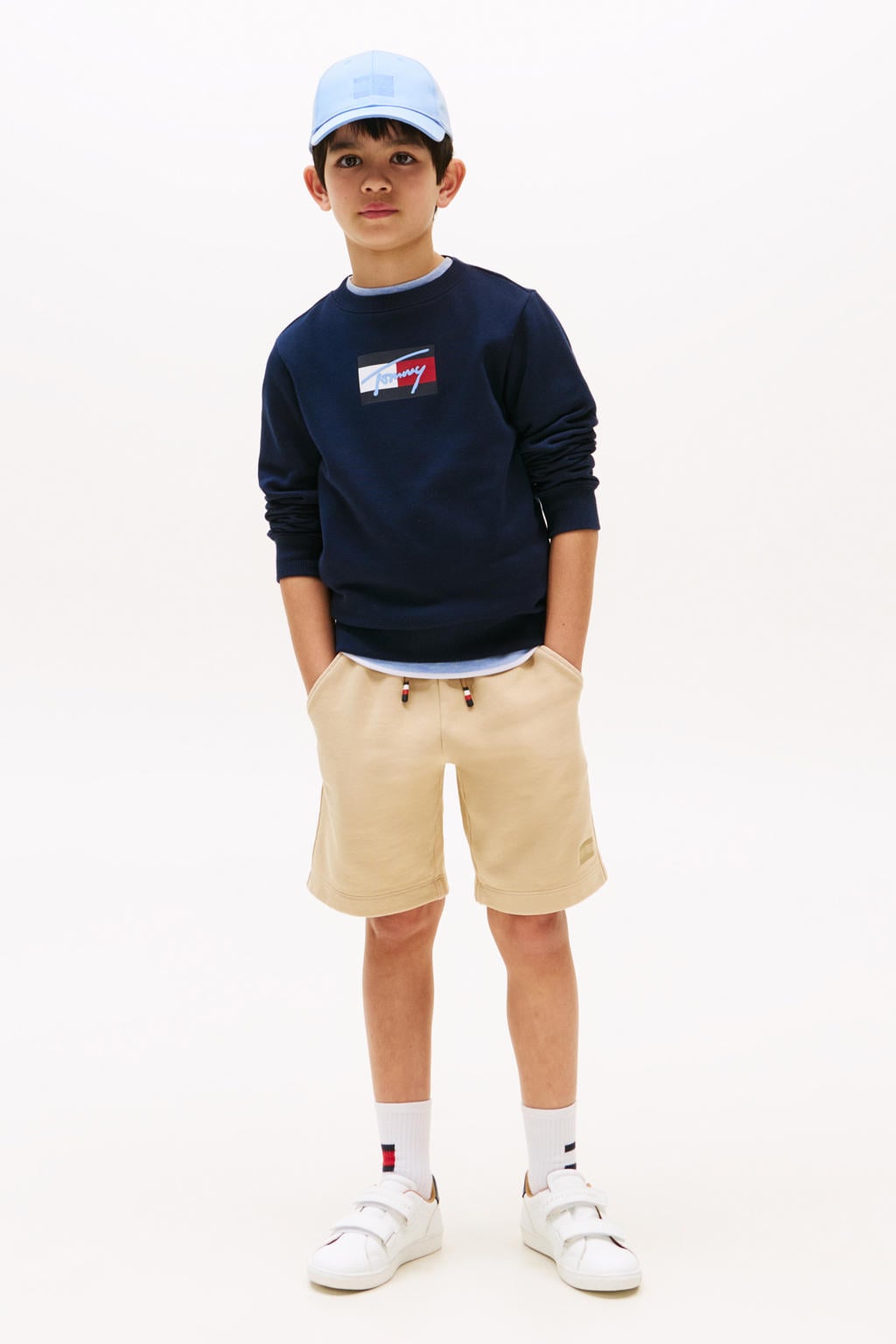 Donkerblauwe jongens Tommy Hilfiger sweater van katoen met logo dessin, lange mouwen, ronde hals en geribde boorden