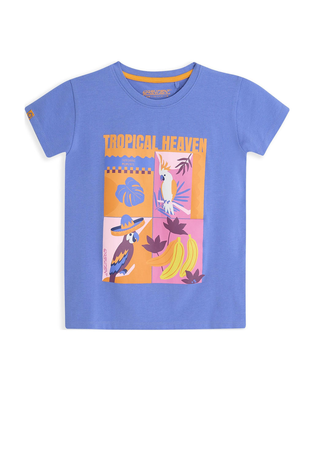 Blauwe meisjes 4PRESIDENT T-shirt van stretchkatoen met printopdruk, korte mouwen en ronde hals