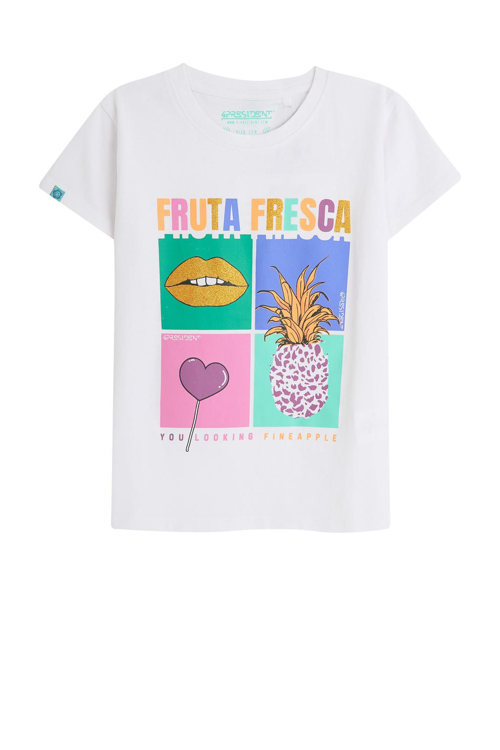 Witte meisjes 4PRESIDENT t-shirt van stretchkatoen met printopdruk, korte mouwen en ronde hals