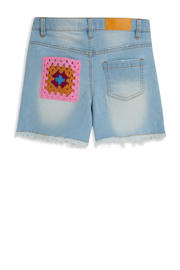thumbnail: Light blue denim meisjes 4PRESIDENT short van stretchkatoen met rits- en knoopsluiting en effen