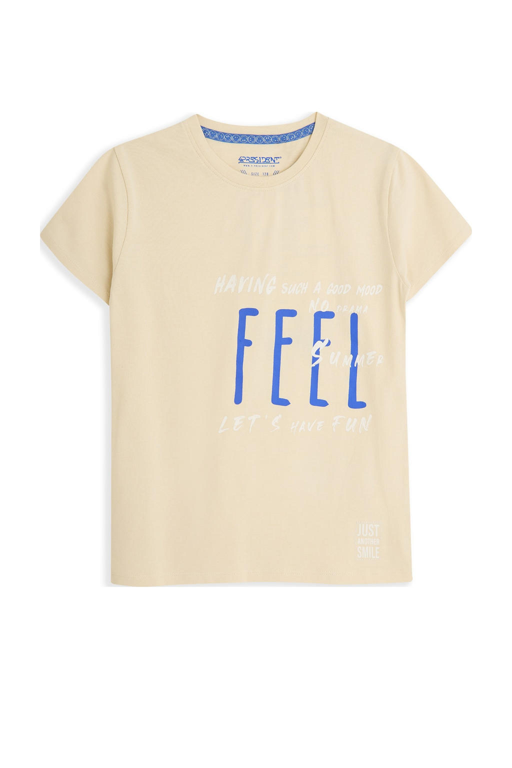 Beige jongens 4PRESIDENT T-shirt van stretchkatoen met tekst print, korte mouwen en ronde hals