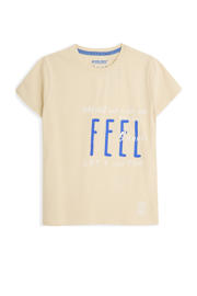 thumbnail: Beige jongens 4PRESIDENT T-shirt van stretchkatoen met tekst print, korte mouwen en ronde hals