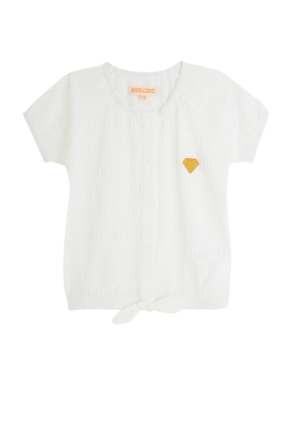 Witte meisjes 4PRESIDENT blousetop van polyester met effen, korte mouwen, ronde hals en knoopsluiting