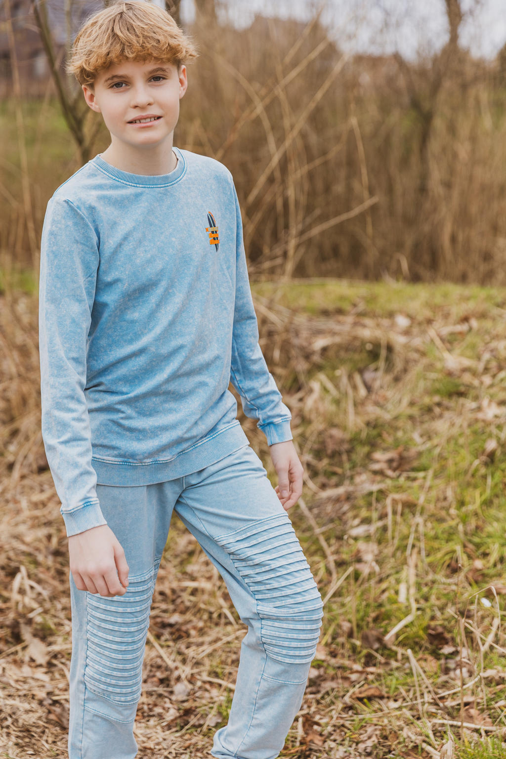 Blauwe jongens 4PRESIDENT sweater van stretchkatoen met backprint, lange mouwen en ronde hals