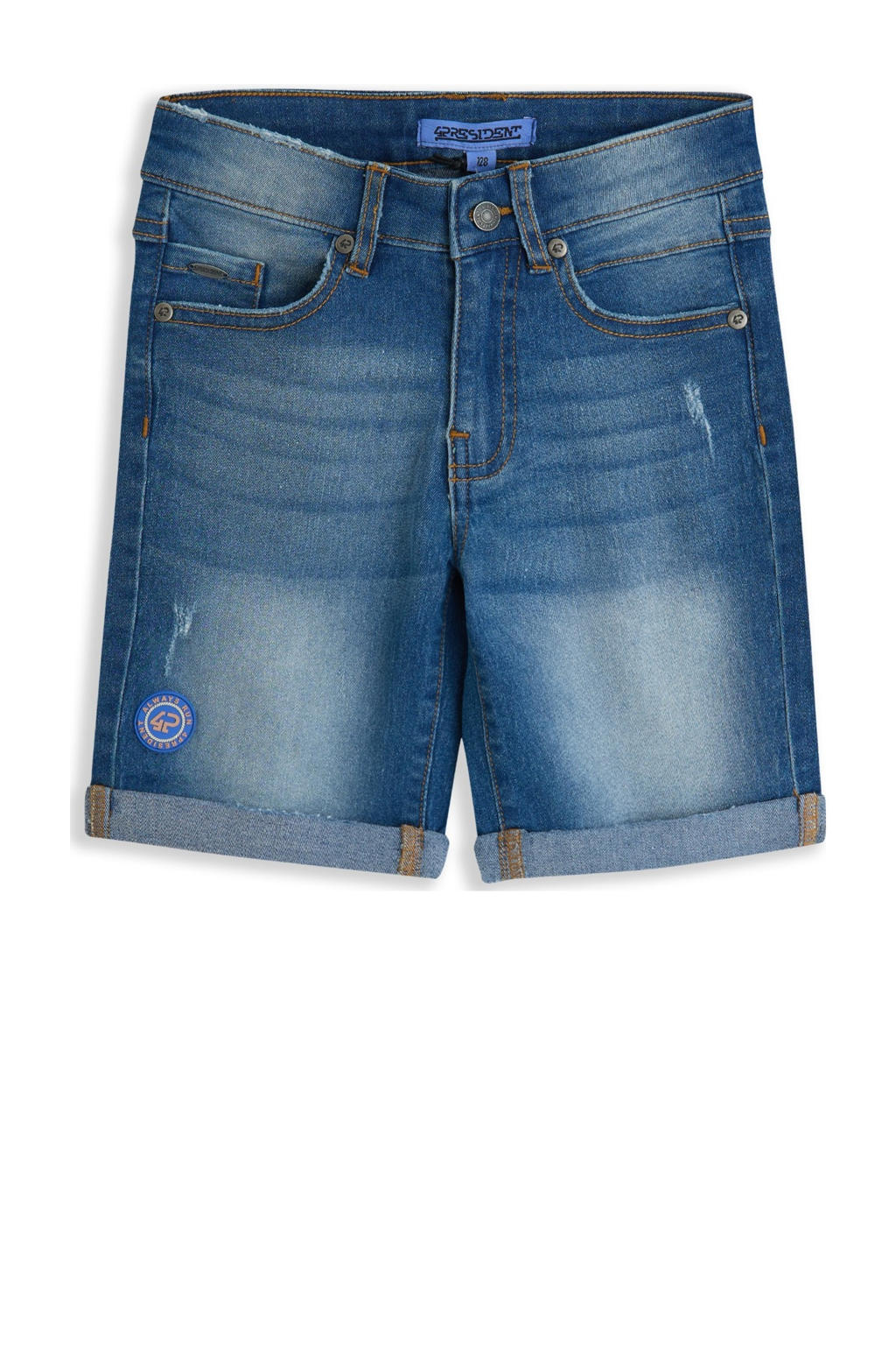 Medium blue denim jongens 4PRESIDENT short van stretchkatoen met rits- en knoopsluiting en effen