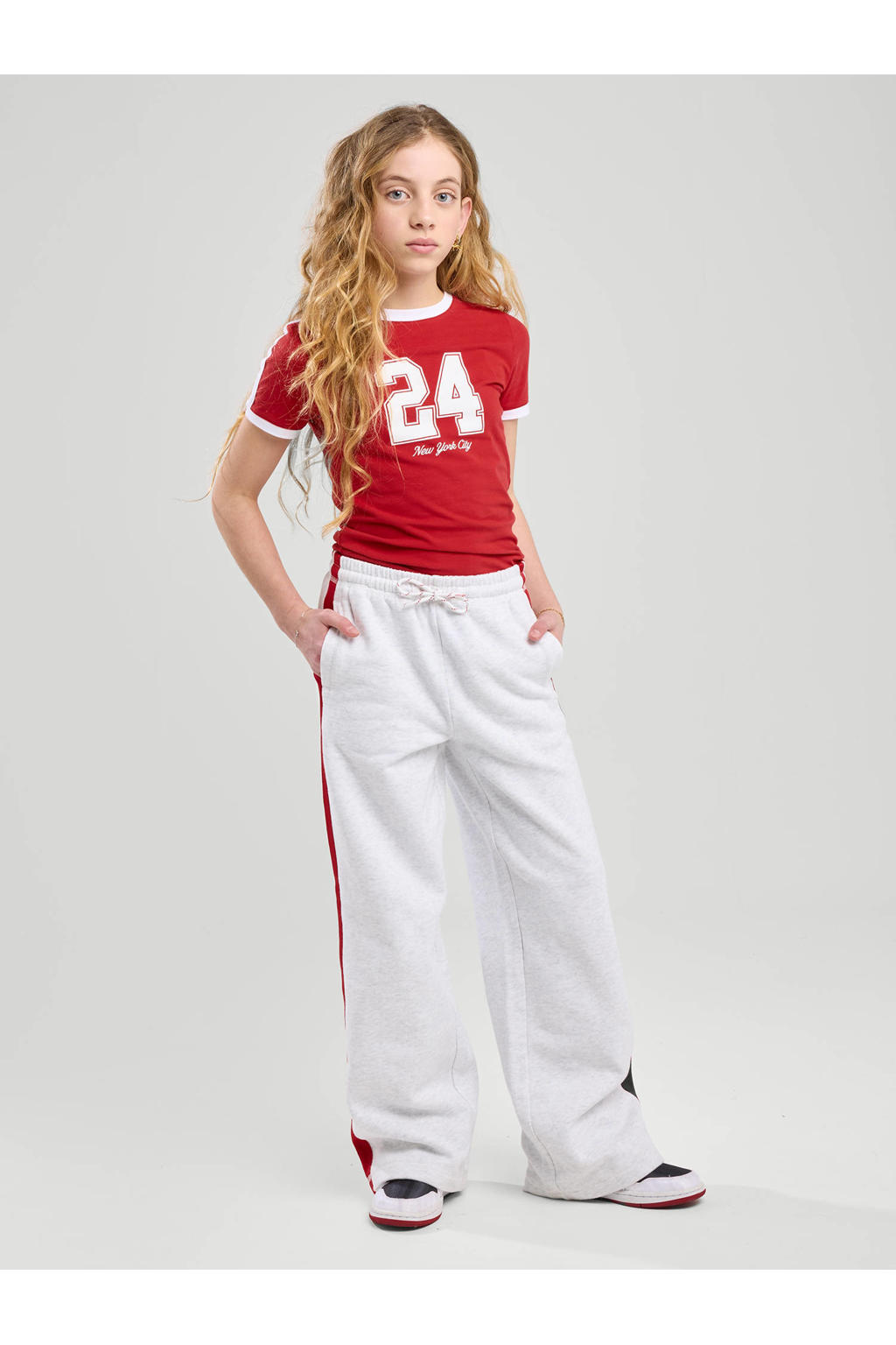 Grijs melange meisjes America Today sweatpant melange met elastische tailleband met koord en effen